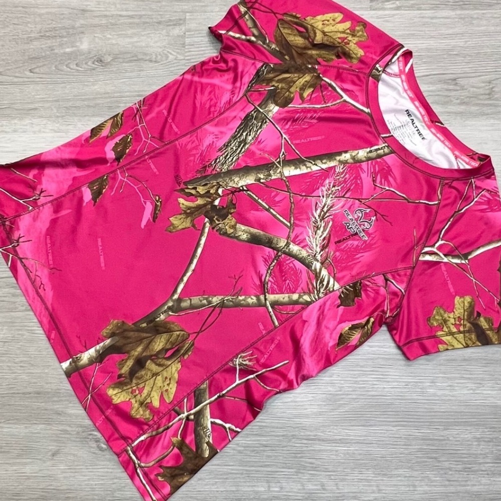 Kids RealTree AP Pink Camo T Shirt Short Sleeve Polyester Youth L 12-14